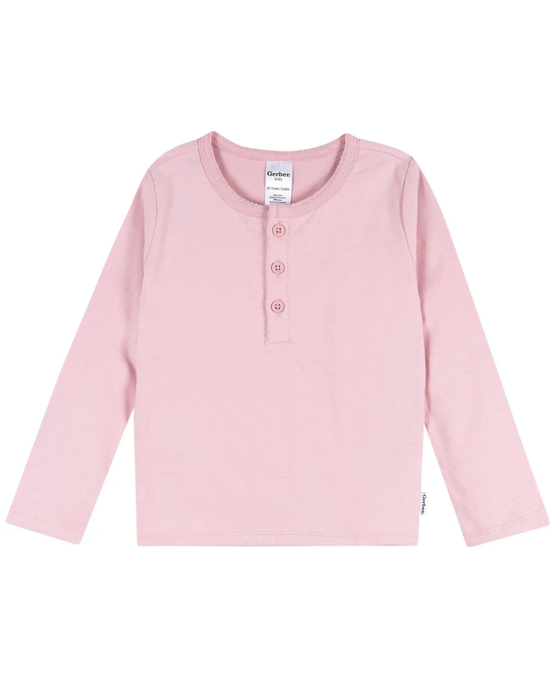 Gerber Toddler Girls 3-Pack Long Sleeve Shirts, Green/Pink/Coral, 4T