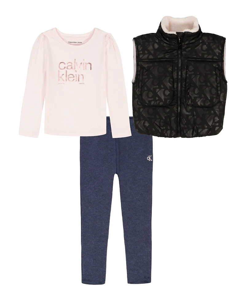 Calvin Klein Girls Toddler 2T-4T 3-Piece High Neck Vest, T-Shirt and Pants Set