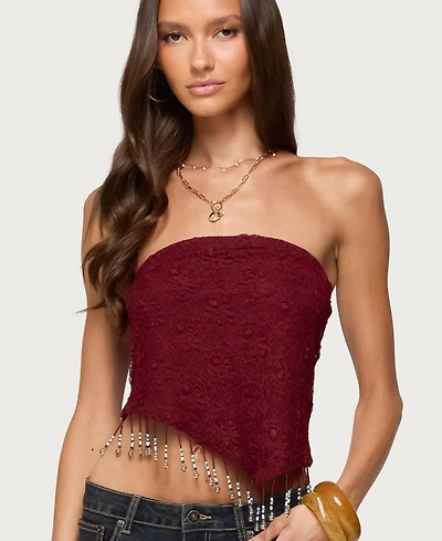 Edikted Women's Textured Asymmetric Bead Fringe Strapless Top