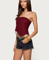 Edikted Women's Textured Asymmetric Bead Fringe Strapless Top