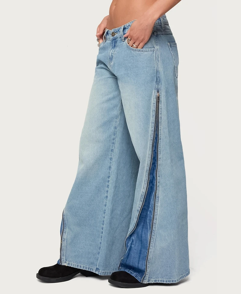 Edikted Women's Zippered Washed Wide Leg Jeans