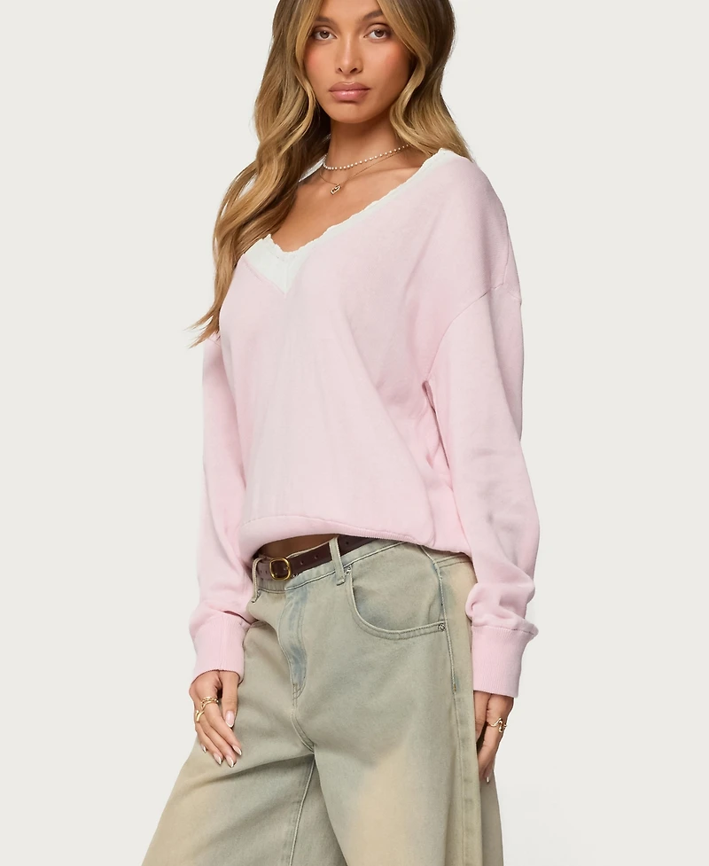 Edikted Women's Marie Contrast Lacey V Neck Sweater