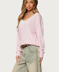 Edikted Women's Marie Contrast Lacey V Neck Sweater
