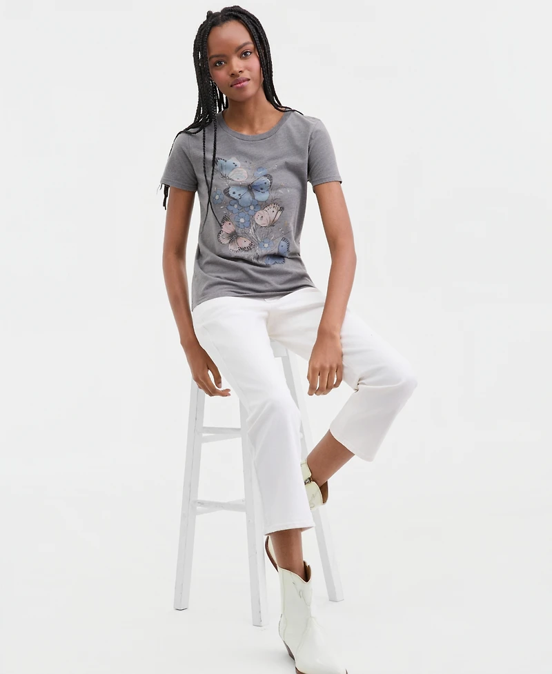 Lucky Brand Women's Floral Butterfly Motif Classic Crewneck T-Shirt