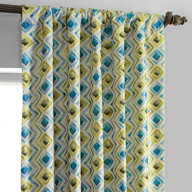 Half Price Drapes Zanni Multi Blue Green Geometric Faux Silk Jacquard Room Darkening Curtain