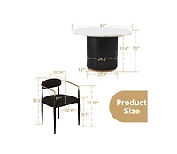 Morden Fort Modern Faux Marble Dining Set With 47" Round Table And 4 Boucle Armchairs Metal Base for Dining Room Kitchen