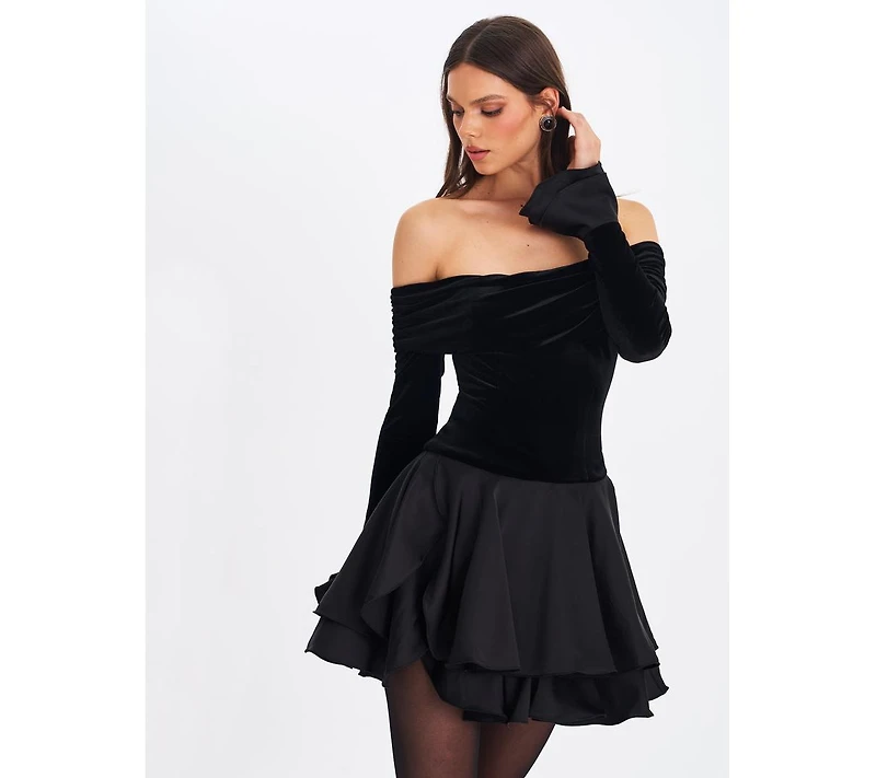 Miss Circle Women Magnolia Black Off-Shoulder Layered Satin Mini Dress