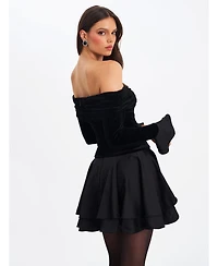 Miss Circle Women Magnolia Black Off-Shoulder Layered Satin Mini Dress
