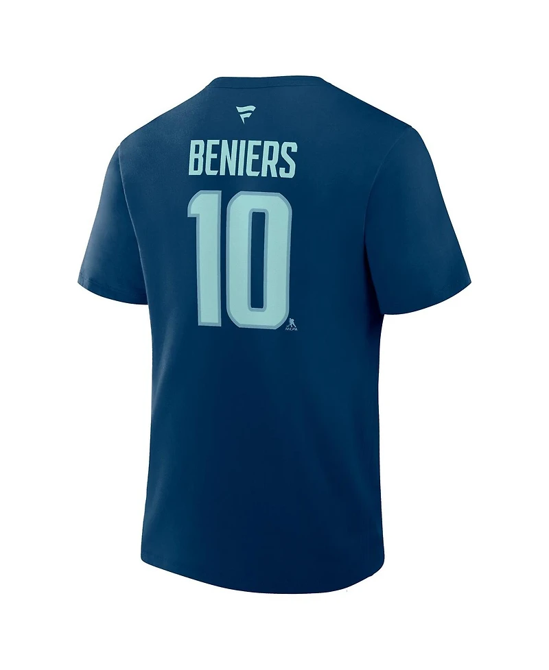 Fanatics Men's Matty Beniers Deep Sea Blue Seattle Kraken Authentic Stack Name Number T-Shirt
