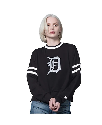 Starter Women's Black Detroit Tigers Rally Cropped Drop Shoulder Crewneck Sweatshirt