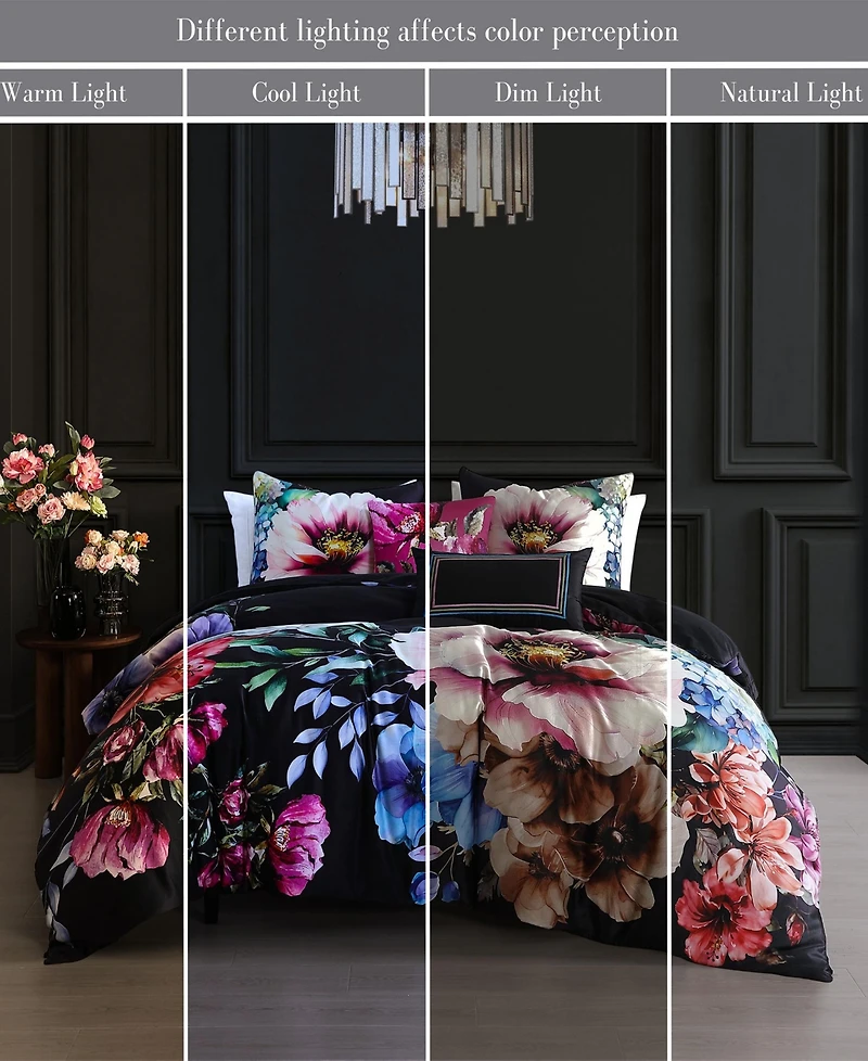 Bebejan Black Night Poppies Bedding 100% Cotton Sateen 5 Piece Queen Size Reversible Comforter Set