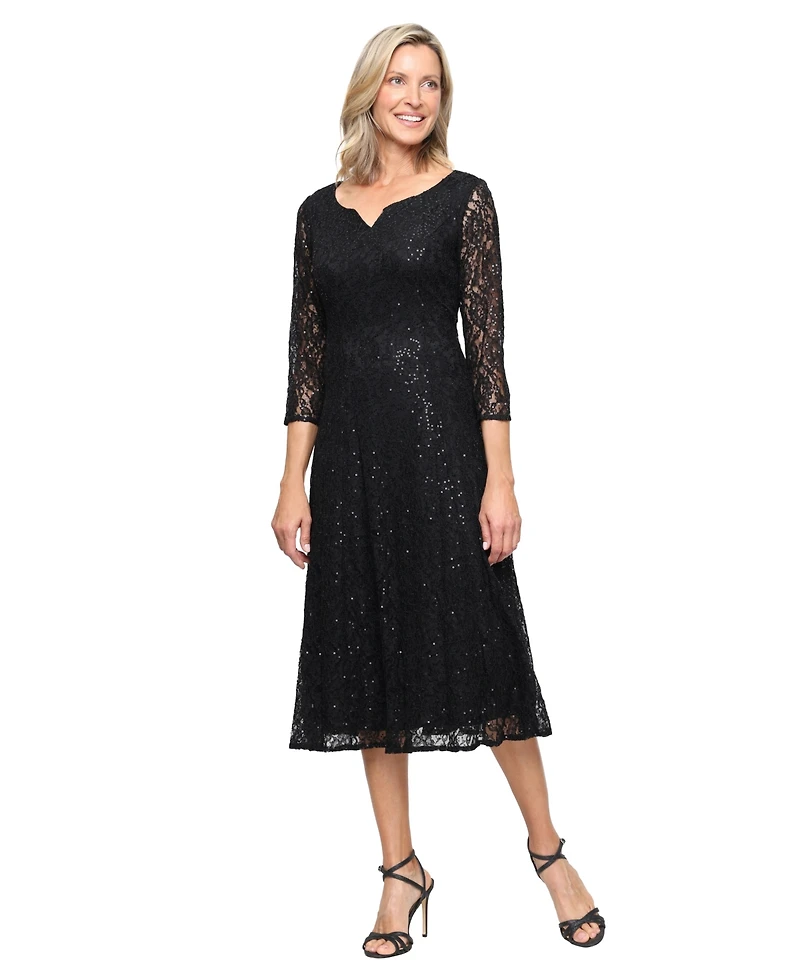 Sl Fashions Women's Sweetheart Neck Tea Length Sequin Lace Dress