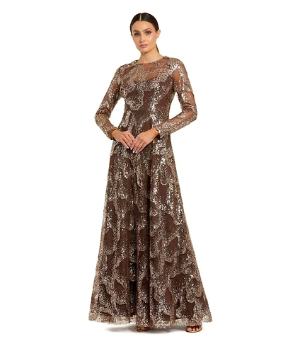 Mac Duggal Women's Embellished Mesh Long Sleeve High Neck Gown
