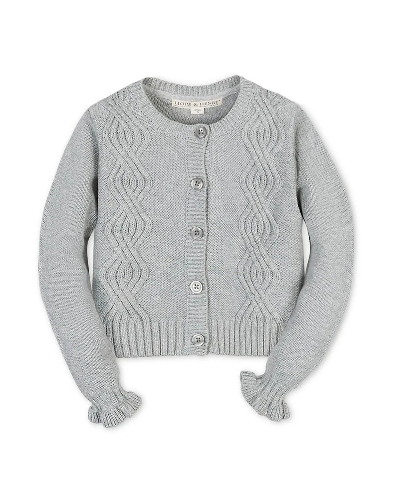 Hope & Henry Little and Big Girls' Organic Cropped Ruffle Cuff Cable Sweater Cardigan