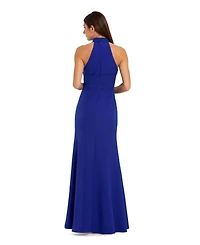 Mac Duggal Women's Halter Neck Crepe Column Floral Detail Gown