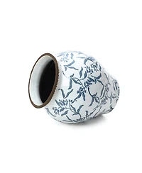 LuxenHome Handmade Blue Floral Wide-Mouth Waterproof Ceramic Vase, 9.25" Round Indoor Home Decor