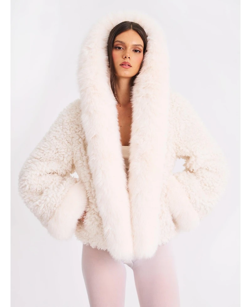 Miss Circle Women's Jumbo Kali White Faux Shearling Fur Trimmed Coat