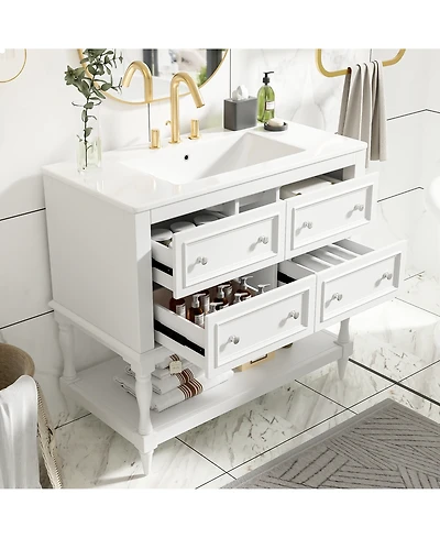 36inch Bathroom Vanity Cabinet with 4 Drawers Solid Wood Frame Bathroom Cabinet White