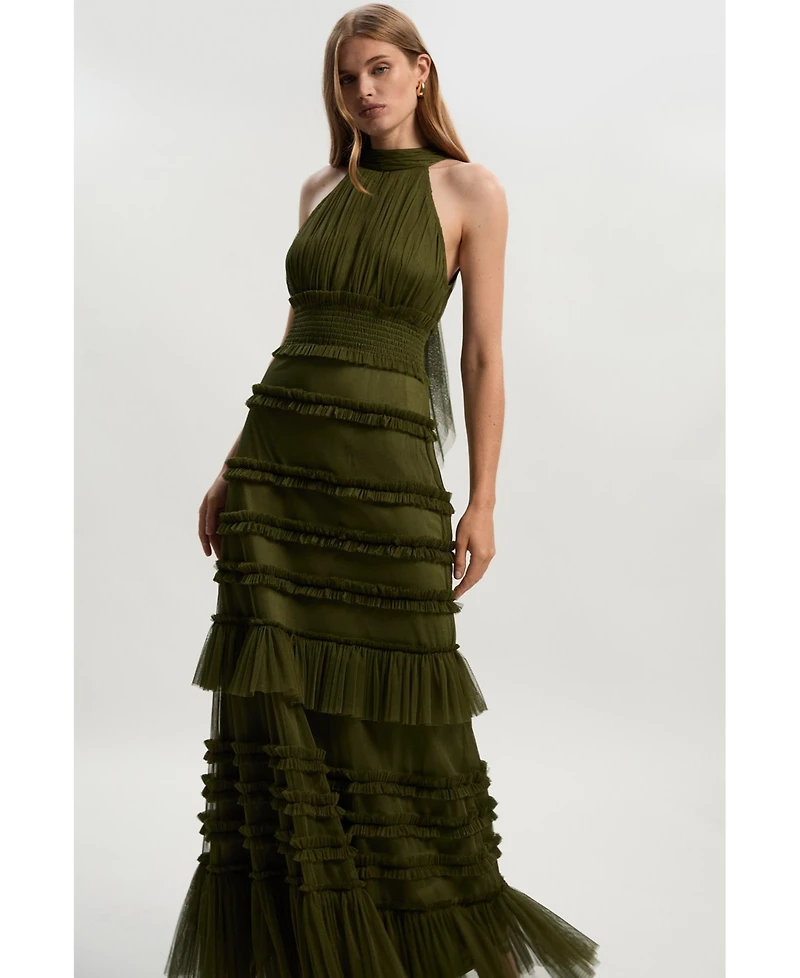 Karen Millen Women's Tulle Layered Halter Neck Maxi Dress