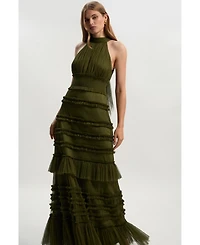 Karen Millen Women's Tulle Layered Halter Neck Maxi Dress