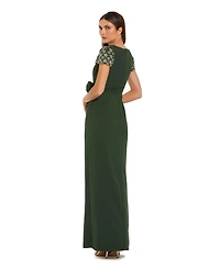 Mac Duggal Women's Beaded Cap Sleeve Crepe Gown With Bow and Slit