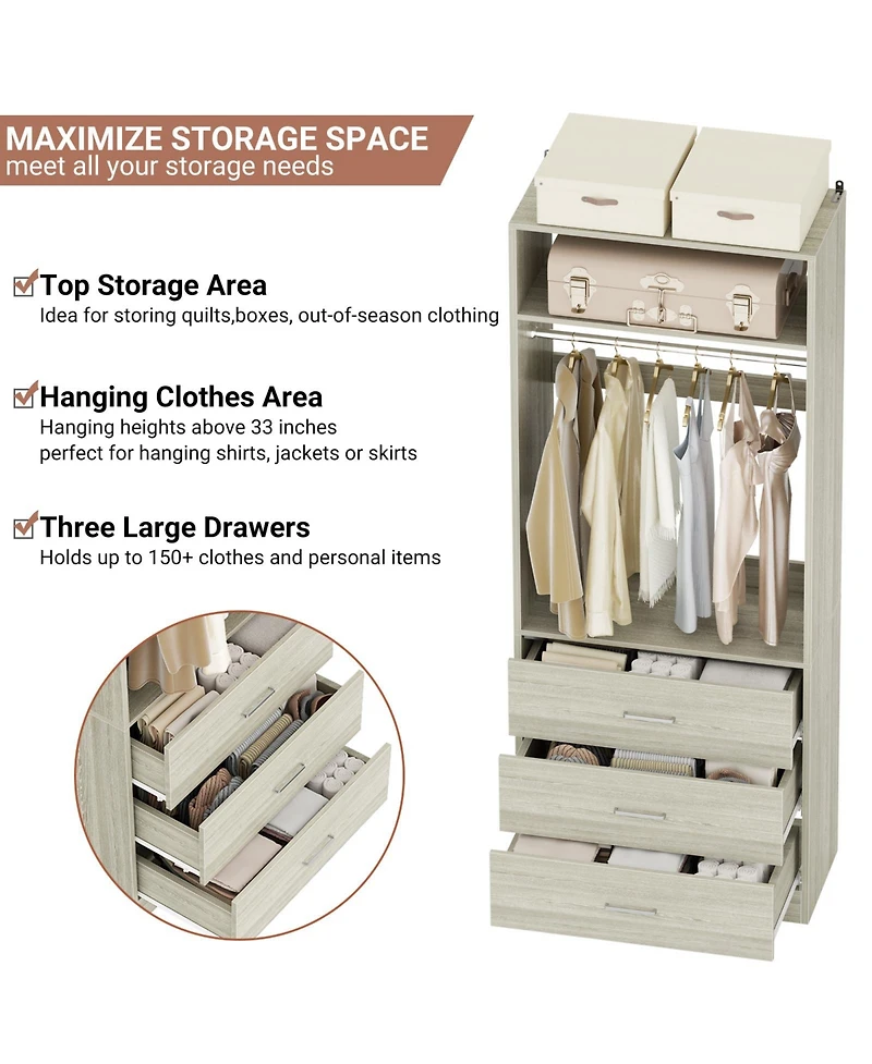 Freestanding 2FT Closet System with 3 Wooden Drawers, 24'' Organizer Hanging Rod & Shelves