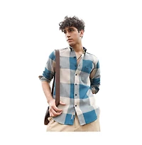 Campus Sutra Men's Azure Blue & Off-White Buffalo-Woven Regular Shirt