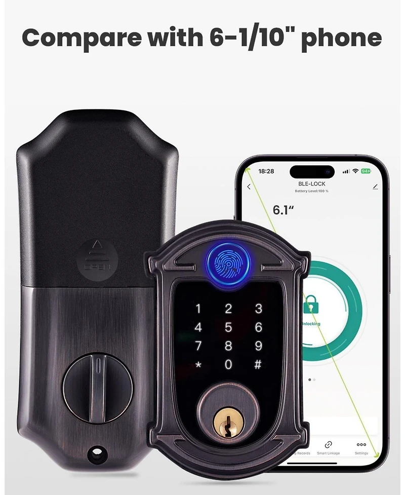 Keyless-Entry Deadbolt Smart Lock with Fingerprint, Keypad, Key Fob, Smartphone Bluetooth Control, Auto-Lock, IP56 Waterproof, Venetian Bronze