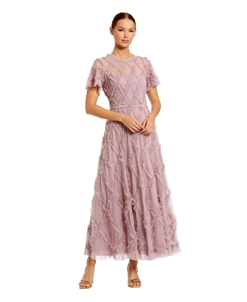 Mac Duggal Women's Mesh High Neck Short Sleeve Ruffle Maxi Dress