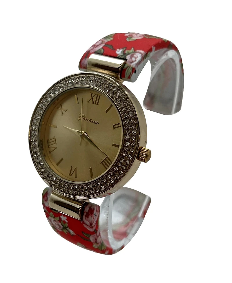 Olivia Pratt Red Floral Printed Soft Band Bangle Women Watch