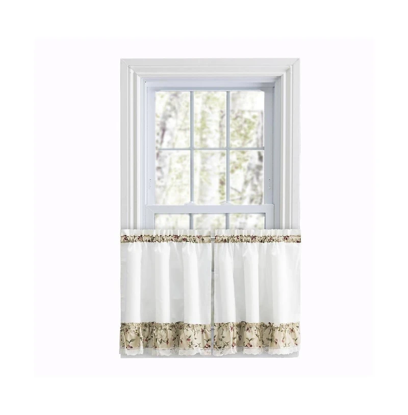 Ellis Curtain Cherries Ruffled 1.5" Rod Pocket Window Curtain Tiers 58"x30" Natural