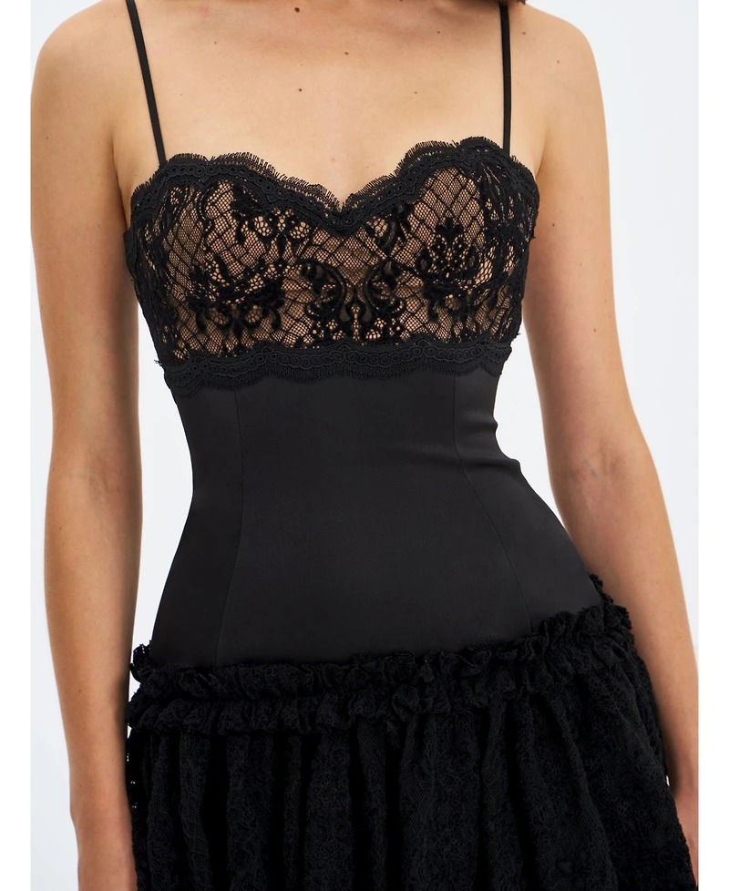 Miss Circle Women's Umra Black Contrast Lace Sweetheart Gathered Mini Dress