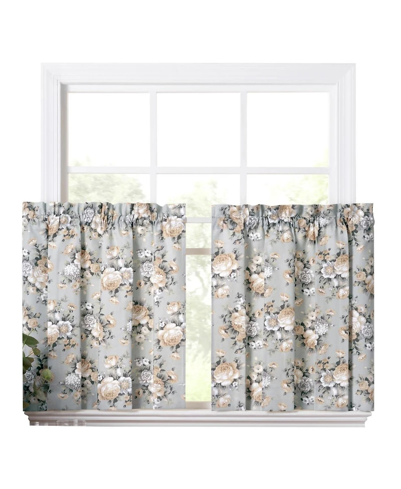 Ellis Bella Rose Stylish Medium Scale Printed Floral Pattern 1.5" Rod Pocket Tier 56"x36" Mist