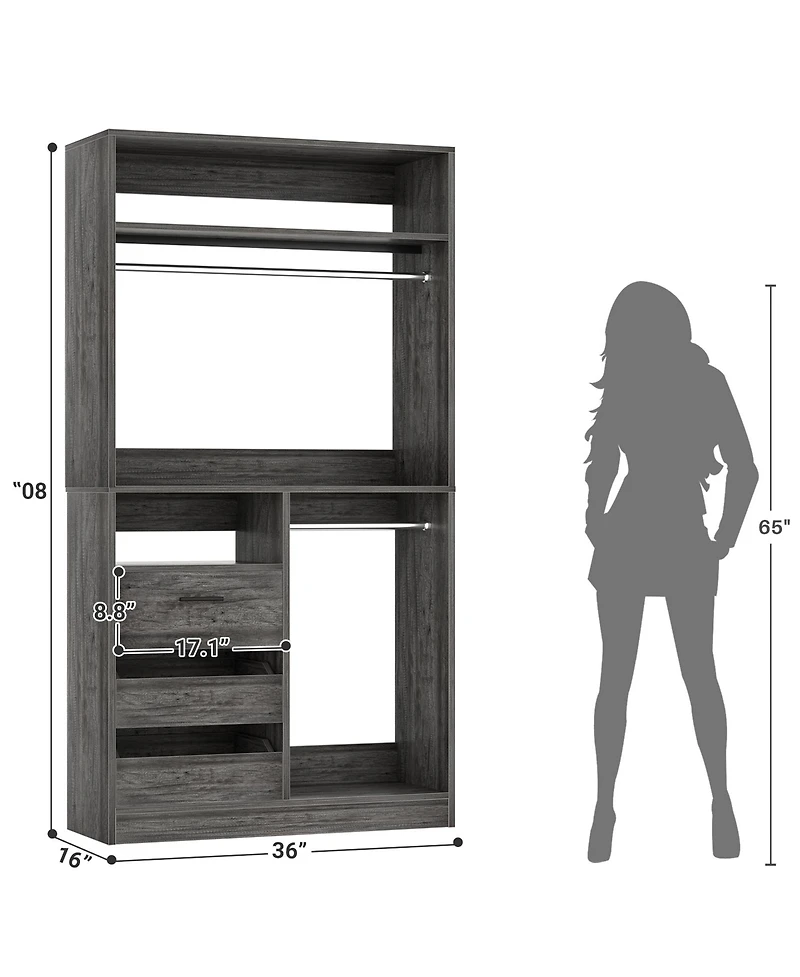 3FT Heavy Duty Closet System, 36'' Free Standing Closet Organizer with 3 Drawers, 2 Hanging Rods and Shelves