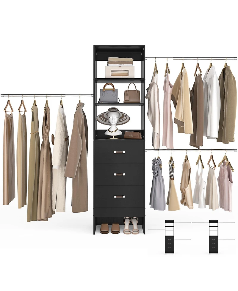 Aheaplus 5-8FT Adjustable Closet Organizer System with 3 Drawers & Hanging Rods, Clothes Rack for Organization