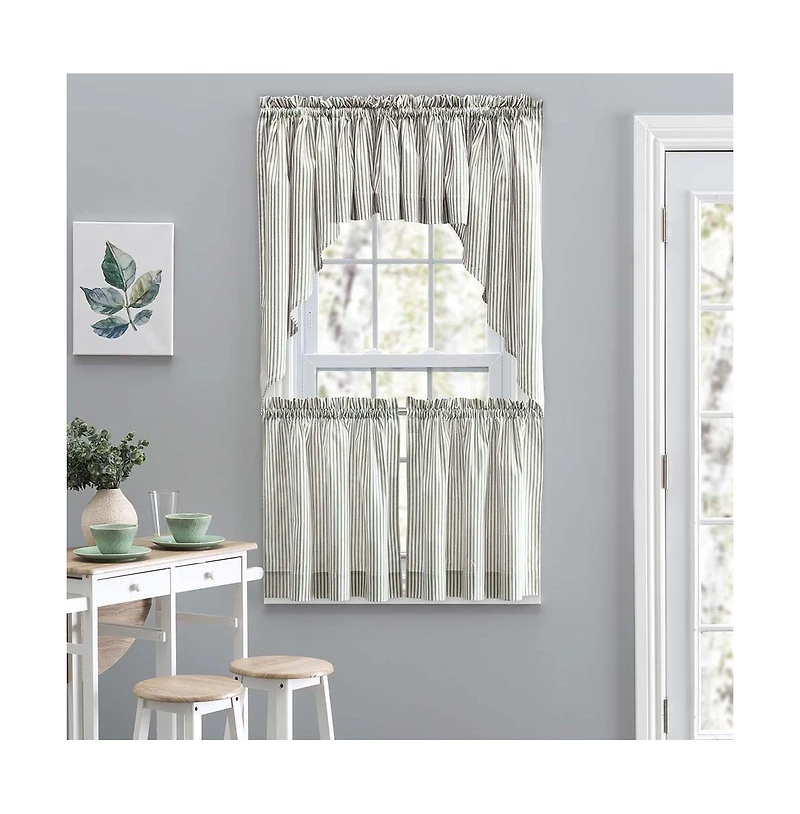 Ellis Curtain Plaza Classic Ticking Stripe Printed on Natural Ground 1.5" Rod Pocket Tailored Tiers 56" x 24" Sage