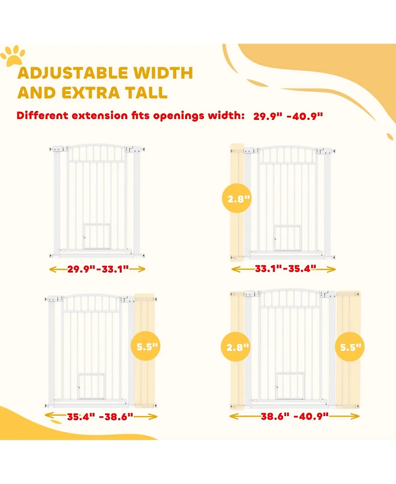 PawHut 30"-41" Dog Gate w/ Cat Door, 3-Inch & 5.5-Inch Extension Kit, 37" H