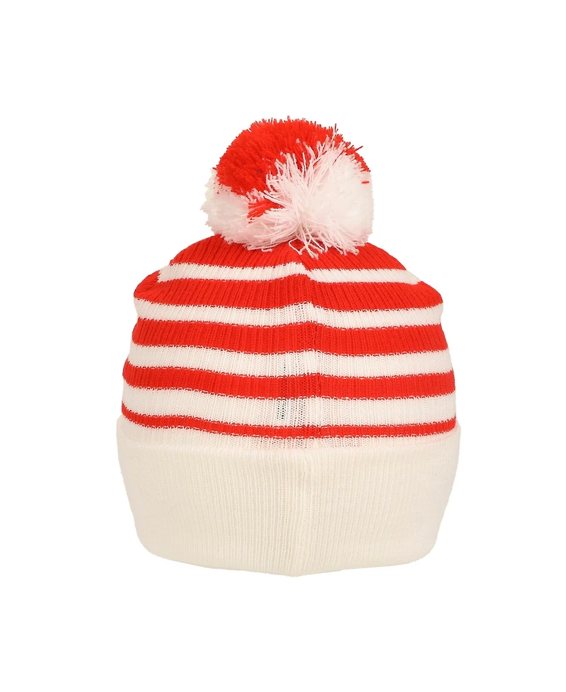 Pokemon Men's Pokeball Plush Pom, Red And White Stripes Cuff Beanie