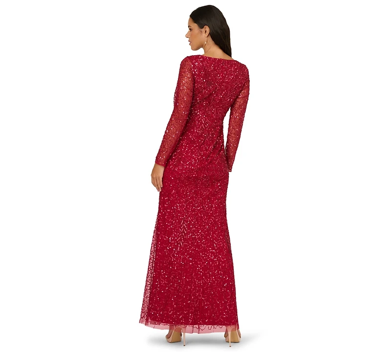 Adrianna Papell Women's Long-Sleeve Beaded Full-Length Gown