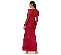 Adrianna Papell Women's Long-Sleeve Beaded Full-Length Gown