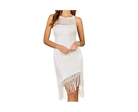 Lara Women's Illusion Neck, Fringe Bridal Short Dress