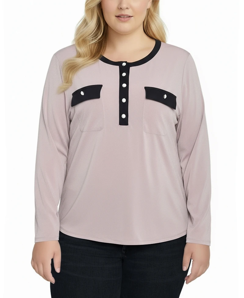 Ny Collection Women's Plus Long Sleeve Contrast Detail Top