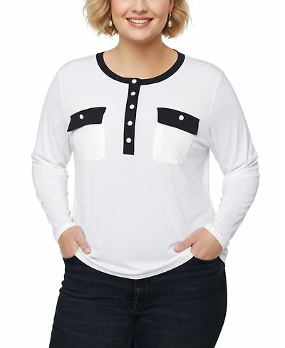 Ny Collection Women's Plus Long Sleeve Contrast Detail Top