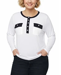 Ny Collection Women's Plus Long Sleeve Contrast Detail Top