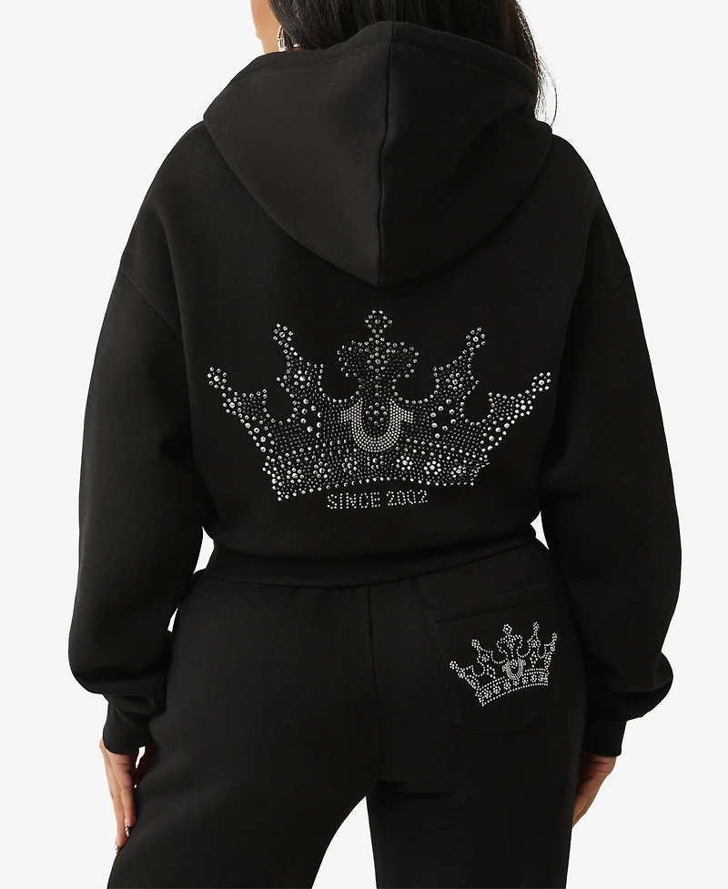 True Religion Women's Cropped Crystal Relaxed Sweatshirt