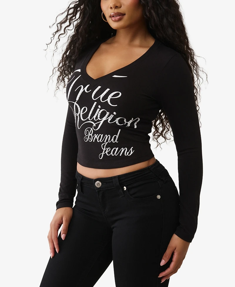 True Religion Women's Crystal Branded V Neck Baby T-Shirt