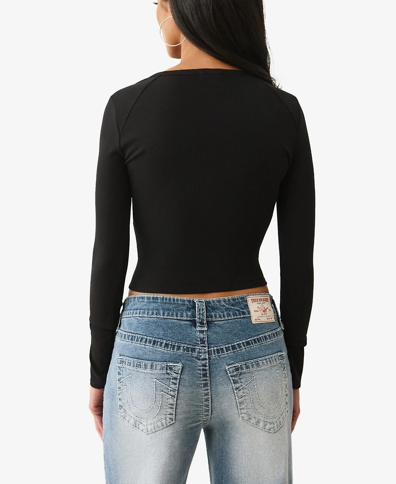 True Religion Women's Ribbed Logo Rivets V Notch Top