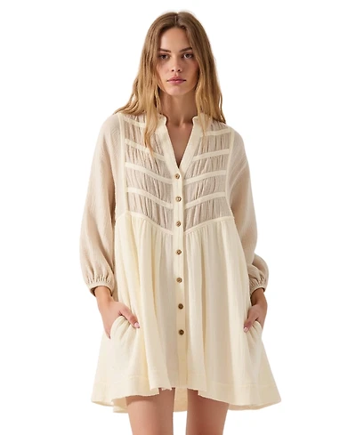 Modenaire Women's Textured Sheer Panel Pintuck Shirt Dress