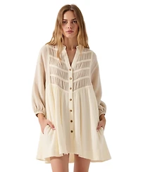 Modenaire Women's Textured Sheer Panel Pintuck Shirt Dress