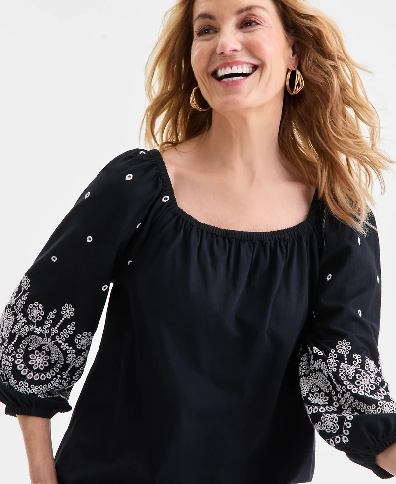Style & Co Petite Square-Neck Embroidered 3/4-Sleeve Blouse, Macy's Exclusive